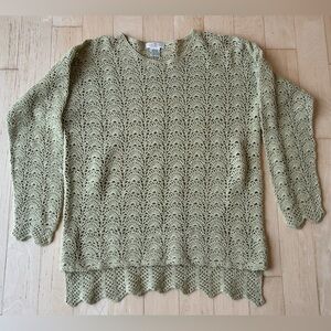 Vintage Yarnworks Crochet Knit Scalloped Edge Tunic Top Light Sage Size Medium